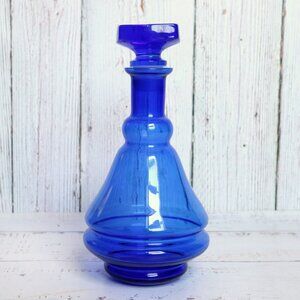 Blue Blown Glass Decanter with Stopper Retro Barware Liquor Bottle Carafe Gift